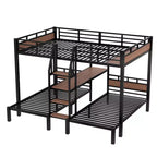 Triple Bunk Bed with Storage Stairs and Shelves, Black, MDF & Metal Frame