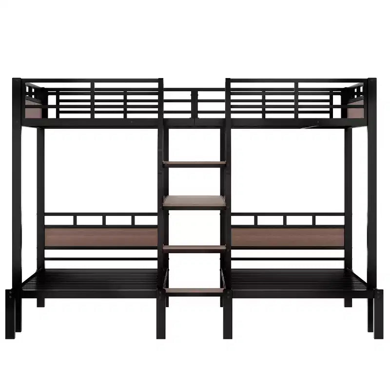 Triple Bunk Bed with Storage Stairs and Shelves, Black, MDF & Metal Frame