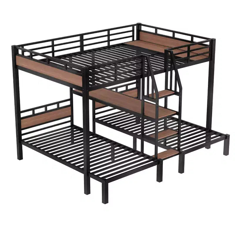 Triple Bunk Bed with Storage Stairs and Shelves, Black, MDF & Metal Frame
