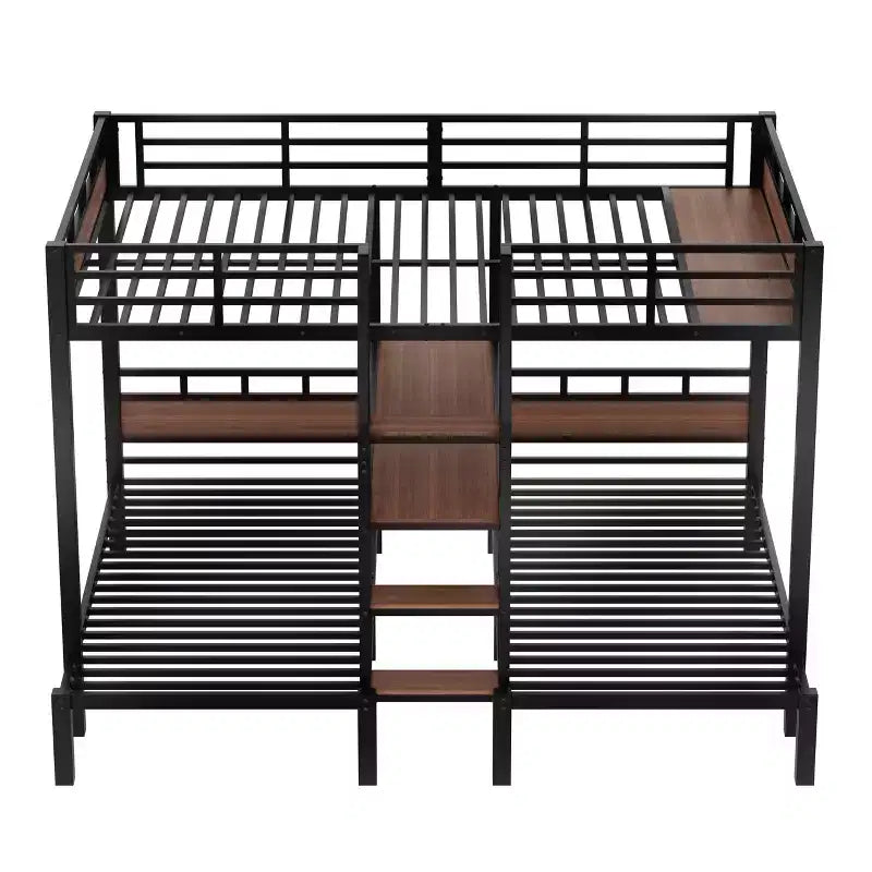 Triple Bunk Bed with Storage Stairs and Shelves, Black, MDF & Metal Frame
