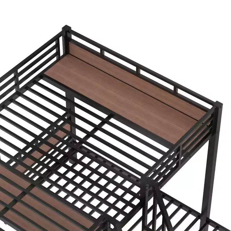 Triple Bunk Bed with Storage Stairs and Shelves, Black, MDF & Metal Frame