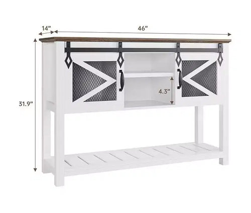 46-Inch Farmhouse Console Table with Sliding Barn Doors and Storage, White