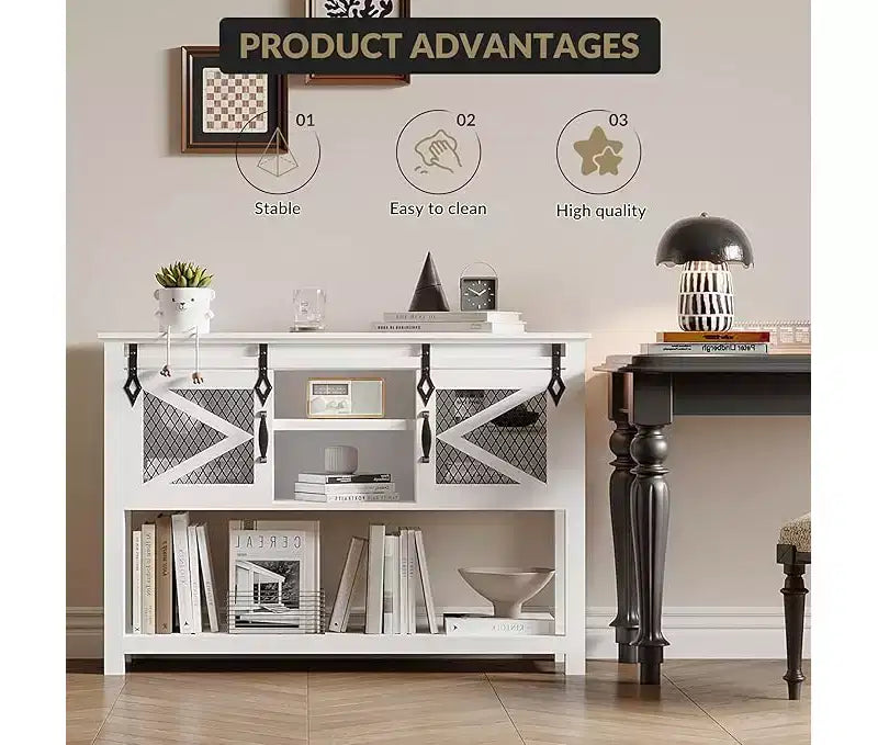 46-Inch Farmhouse Console Table with Sliding Barn Doors and Storage, White