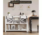 46-Inch Farmhouse Console Table with Sliding Barn Doors and Storage, White