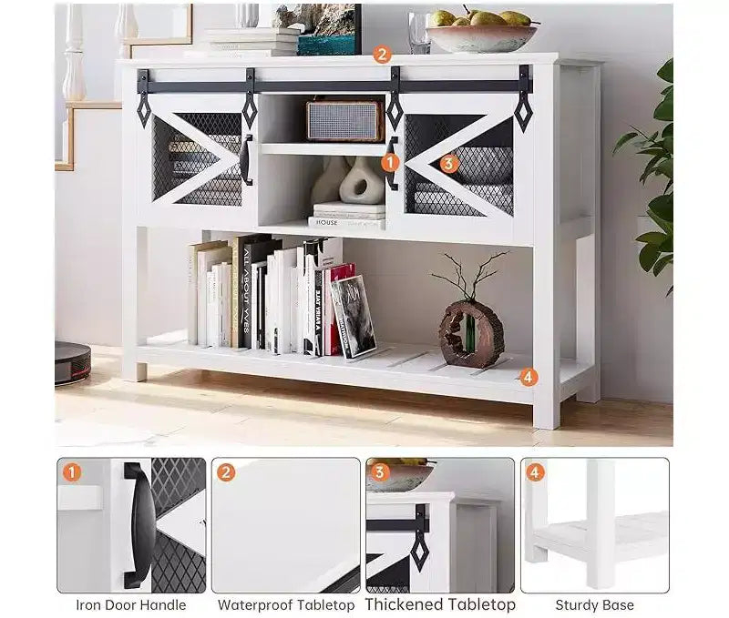46-Inch Farmhouse Console Table with Sliding Barn Doors and Storage, White