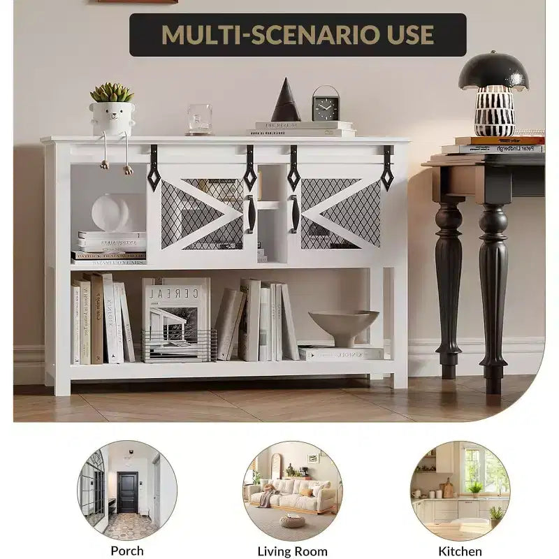 46-Inch Farmhouse Console Table with Sliding Barn Doors and Storage, White