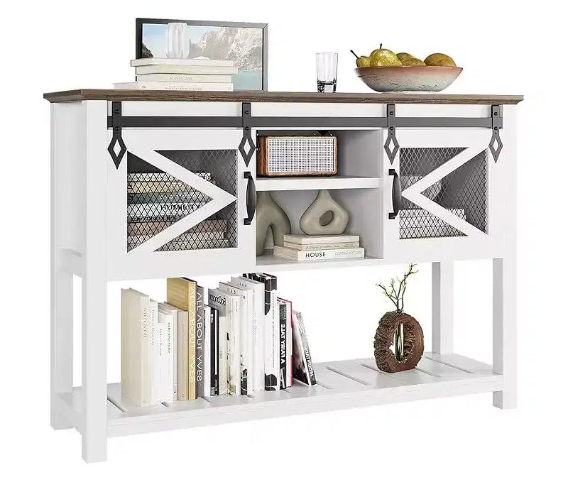 46-Inch Farmhouse Console Table with Sliding Barn Doors and Storage, White