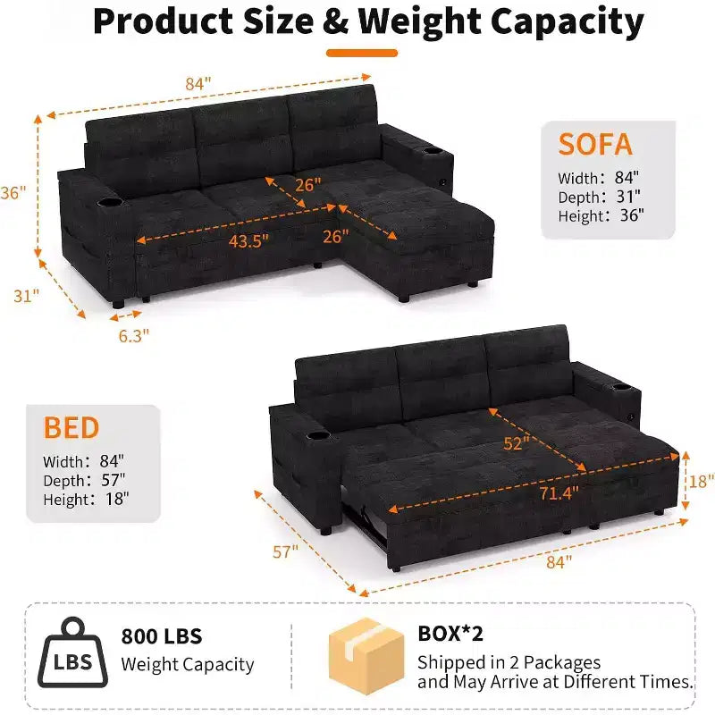 84-Inch L-Shaped Sectional Sleeper Sofa with Pull-Out Bed, Storage, and USB Charging