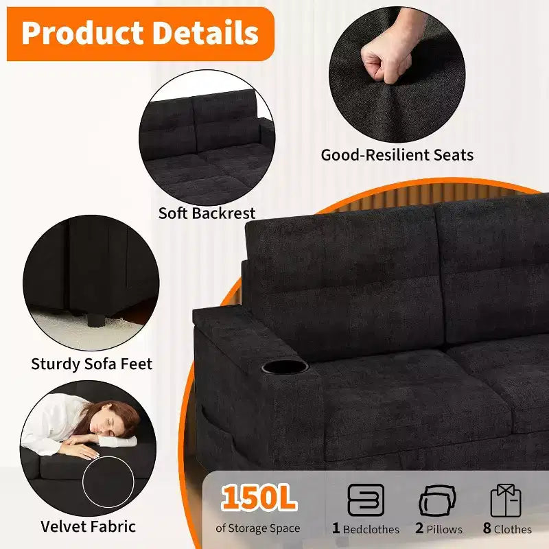 84-Inch L-Shaped Sectional Sleeper Sofa with Pull-Out Bed, Storage, and USB Charging