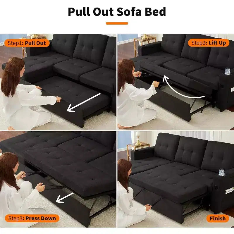 84-Inch L-Shaped Sectional Sleeper Sofa with Pull-Out Bed, Storage, and USB Charging