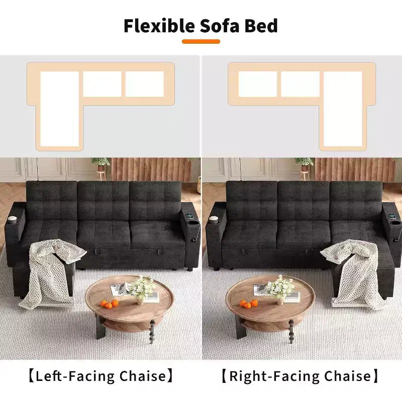 84-Inch L-Shaped Sectional Sleeper Sofa with Pull-Out Bed, Storage, and USB Charging