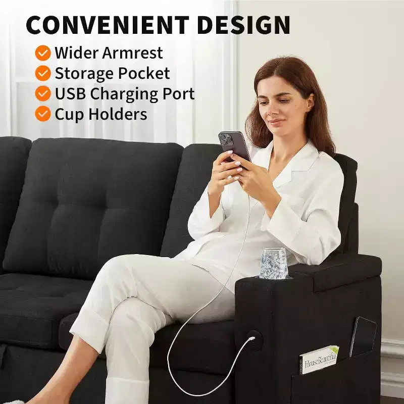 84-Inch L-Shaped Sectional Sleeper Sofa with Pull-Out Bed, Storage, and USB Charging