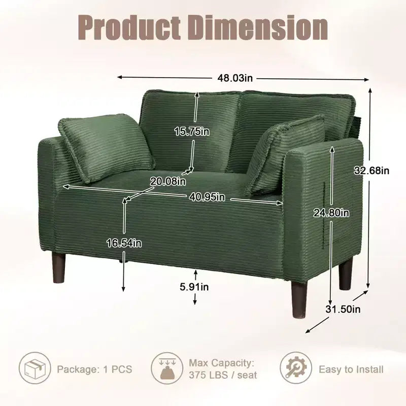 48 Corduroy Loveseat Sofa, 2 Seater Upholstered Sofa Couch with Side Storage Pocket, Deep Seat Small Sofa for Living Room Bedroom Apartment