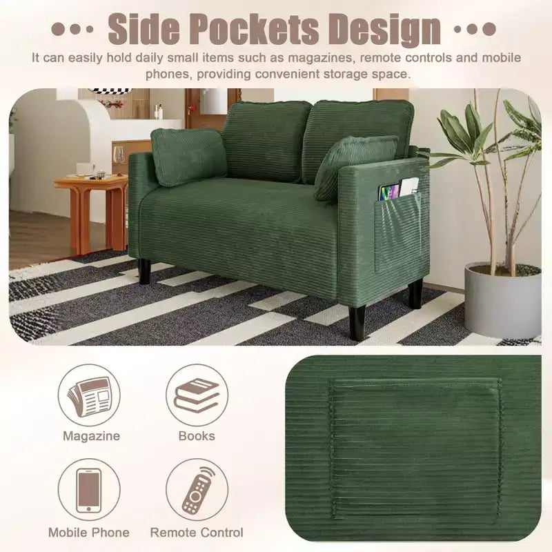 48 Corduroy Loveseat Sofa, 2 Seater Upholstered Sofa Couch with Side Storage Pocket, Deep Seat Small Sofa for Living Room Bedroom Apartment