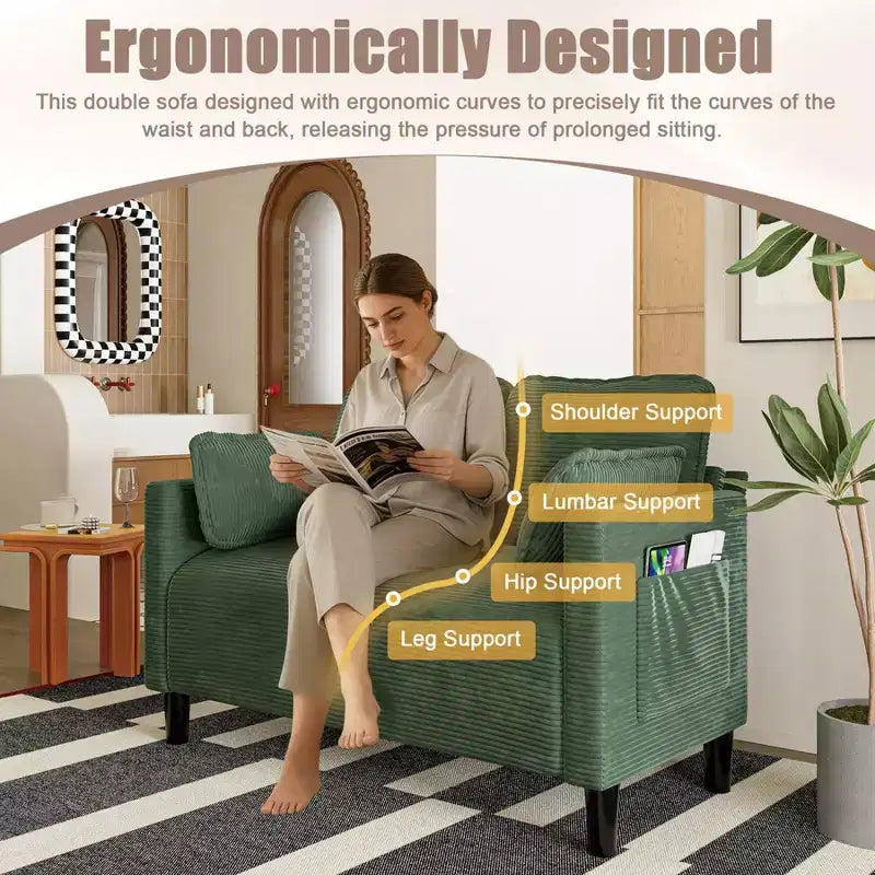 48 Corduroy Loveseat Sofa, 2 Seater Upholstered Sofa Couch with Side Storage Pocket, Deep Seat Small Sofa for Living Room Bedroom Apartment