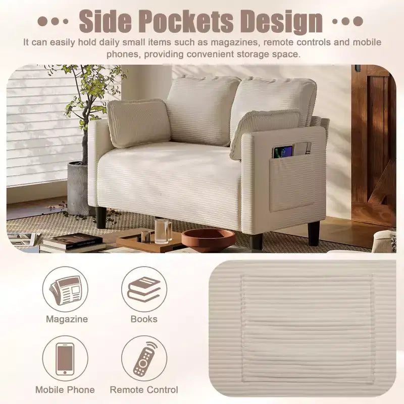 48 Corduroy Loveseat Sofa, 2 Seater Upholstered Sofa Couch with Side Storage Pocket, Deep Seat Small Sofa for Living Room Bedroom Apartment