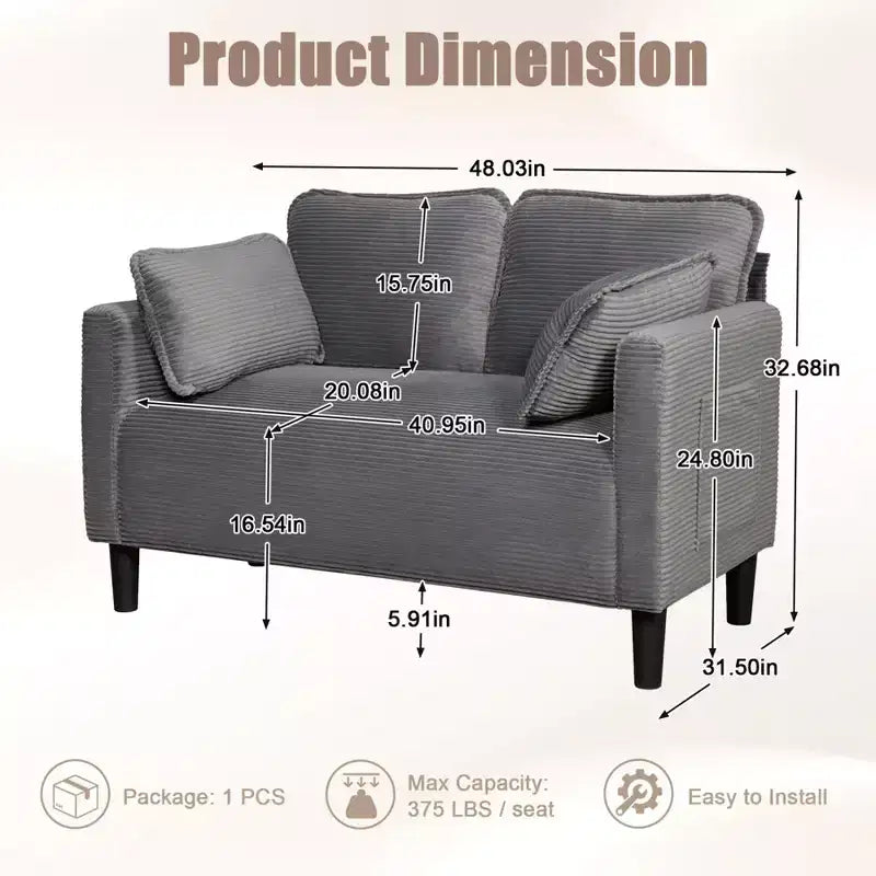 48 Corduroy Loveseat Sofa, 2 Seater Upholstered Sofa Couch with Side Storage Pocket, Deep Seat Small Sofa for Living Room Bedroom Apartment