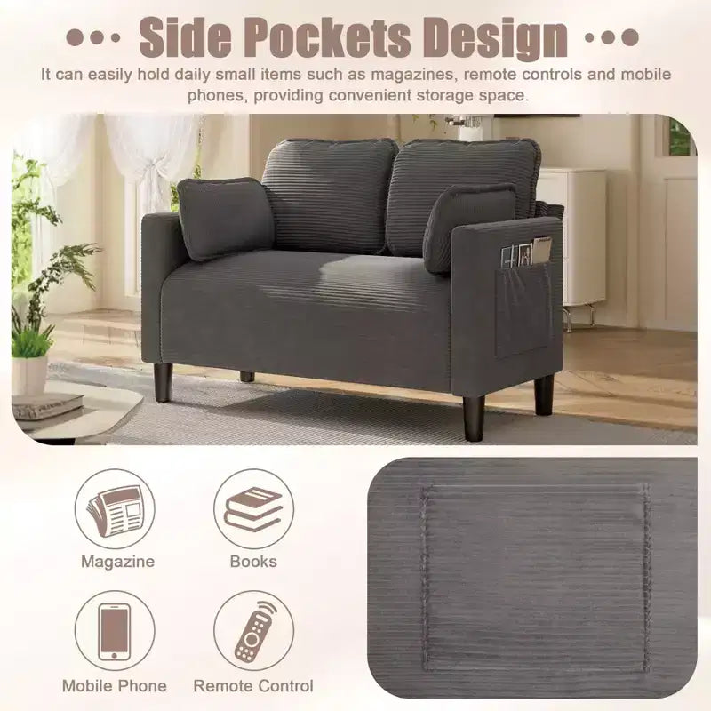 48 Corduroy Loveseat Sofa, 2 Seater Upholstered Sofa Couch with Side Storage Pocket, Deep Seat Small Sofa for Living Room Bedroom Apartment