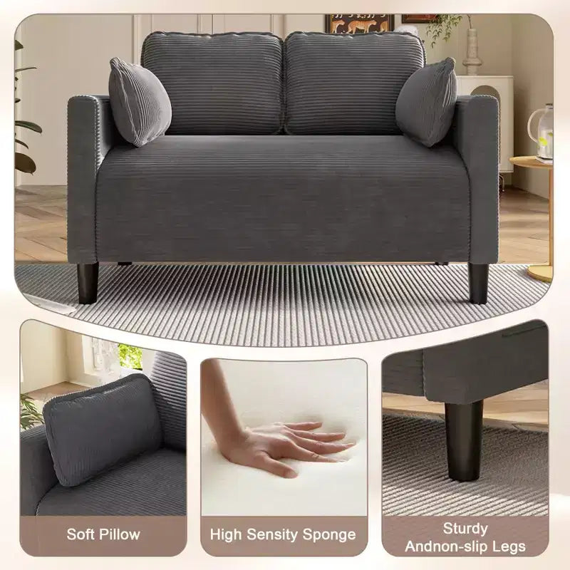 48 Corduroy Loveseat Sofa, 2 Seater Upholstered Sofa Couch with Side Storage Pocket, Deep Seat Small Sofa for Living Room Bedroom Apartment