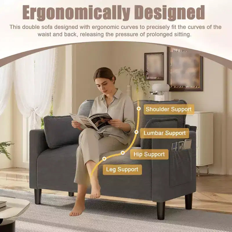 48 Corduroy Loveseat Sofa, 2 Seater Upholstered Sofa Couch with Side Storage Pocket, Deep Seat Small Sofa for Living Room Bedroom Apartment