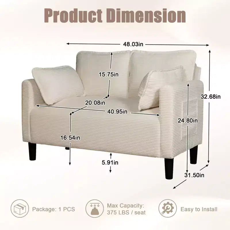 48 Corduroy Loveseat Sofa, 2 Seater Upholstered Sofa Couch with Side Storage Pocket, Deep Seat Small Sofa for Living Room Bedroom Apartment
