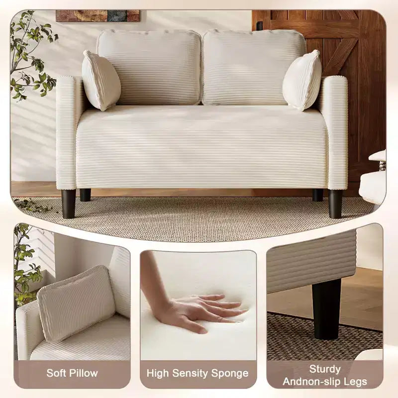 48 Corduroy Loveseat Sofa, 2 Seater Upholstered Sofa Couch with Side Storage Pocket, Deep Seat Small Sofa for Living Room Bedroom Apartment