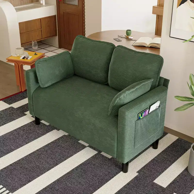 48 Corduroy Loveseat Sofa, 2 Seater Upholstered Sofa Couch with Side Storage Pocket, Deep Seat Small Sofa for Living Room Bedroom Apartment