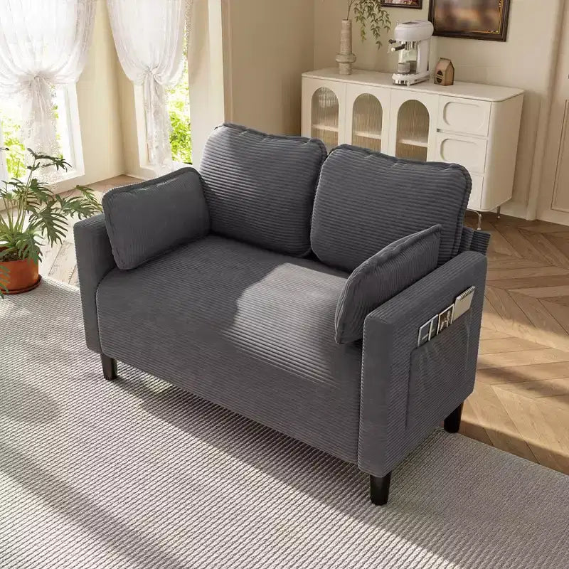 48 Corduroy Loveseat Sofa, 2 Seater Upholstered Sofa Couch with Side Storage Pocket, Deep Seat Small Sofa for Living Room Bedroom Apartment
