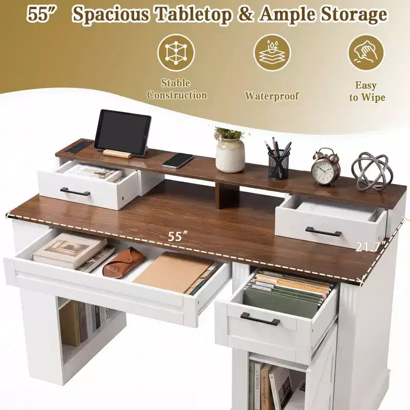 55-Inch Executive Home Office Desk with Storage and Charging Station