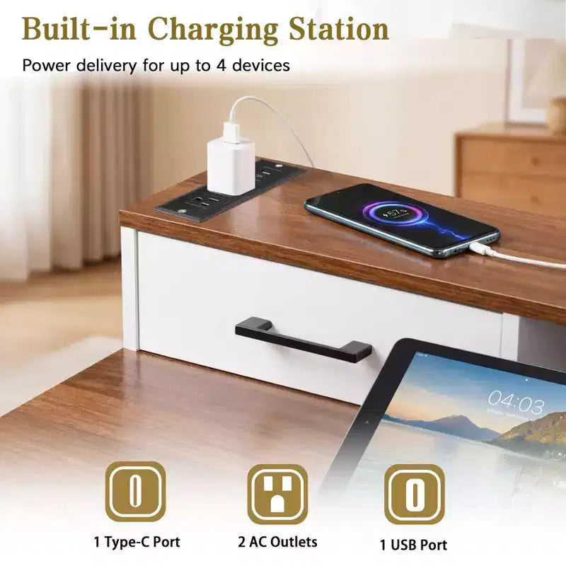 55-Inch Executive Home Office Desk with Storage and Charging Station