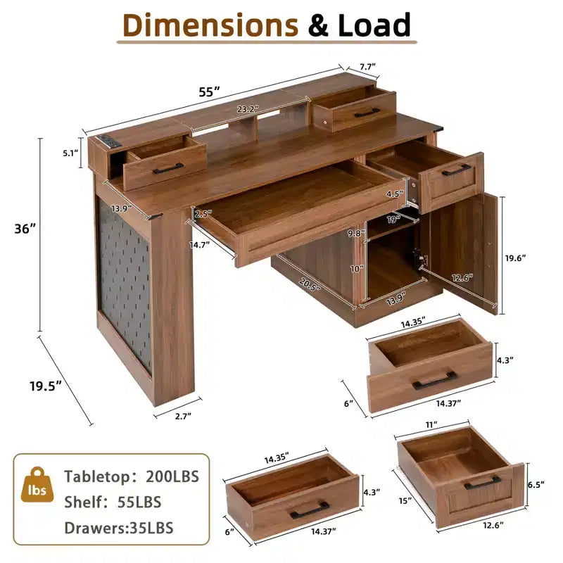 55-Inch Executive Home Office Desk with Storage and Charging Station