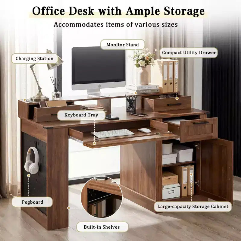 55-Inch Executive Home Office Desk with Storage and Charging Station
