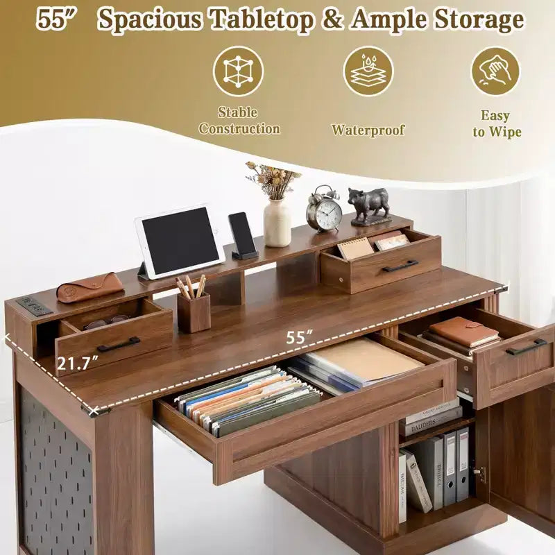 55-Inch Executive Home Office Desk with Storage and Charging Station