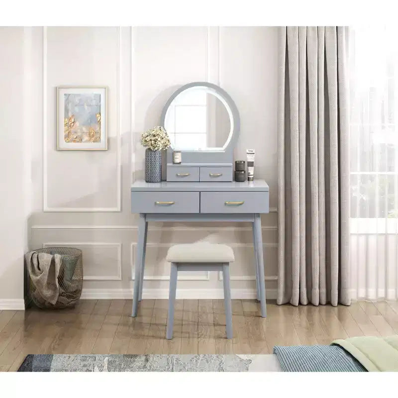 Makeup Vanity Desk with Round Mirror, 4 Drawers, and Padded Stool