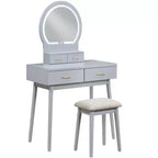 Makeup Vanity Desk with Round Mirror, 4 Drawers, and Padded Stool