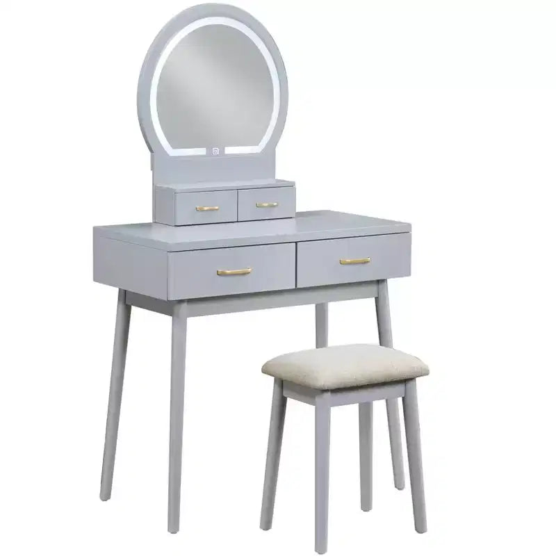 Makeup Vanity Desk with Round Mirror, 4 Drawers, and Padded Stool