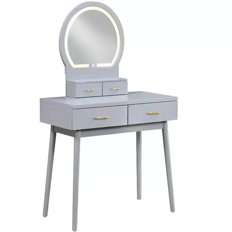 Makeup Vanity Desk with Round Mirror, 4 Drawers, and Padded Stool