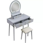 Makeup Vanity Desk with Round Mirror, 4 Drawers, and Padded Stool