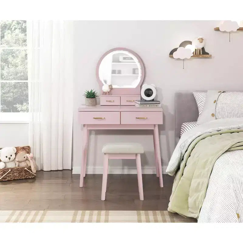 Makeup Vanity Desk with Round Mirror, 4 Drawers, and Padded Stool