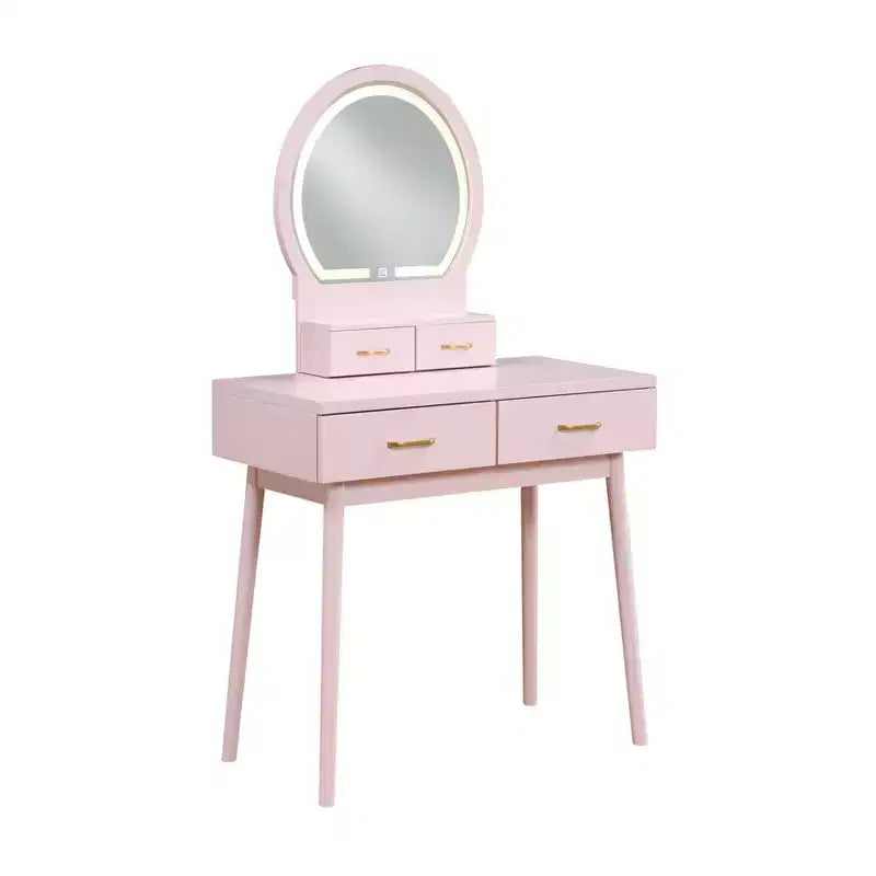Makeup Vanity Desk with Round Mirror, 4 Drawers, and Padded Stool