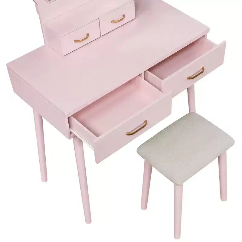 Makeup Vanity Desk with Round Mirror, 4 Drawers, and Padded Stool