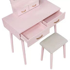 Makeup Vanity Desk with Round Mirror, 4 Drawers, and Padded Stool