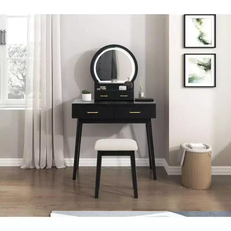 Makeup Vanity Desk with Round Mirror, 4 Drawers, and Padded Stool