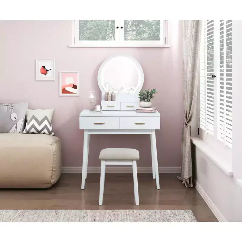 Makeup Vanity Desk with Round Mirror, 4 Drawers, and Padded Stool
