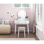 Makeup Vanity Desk with Round Mirror, 4 Drawers, and Padded Stool