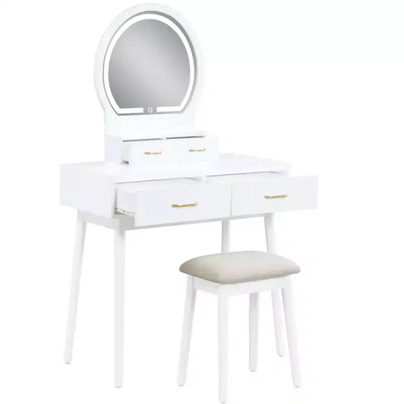 Makeup Vanity Desk with Round Mirror, 4 Drawers, and Padded Stool