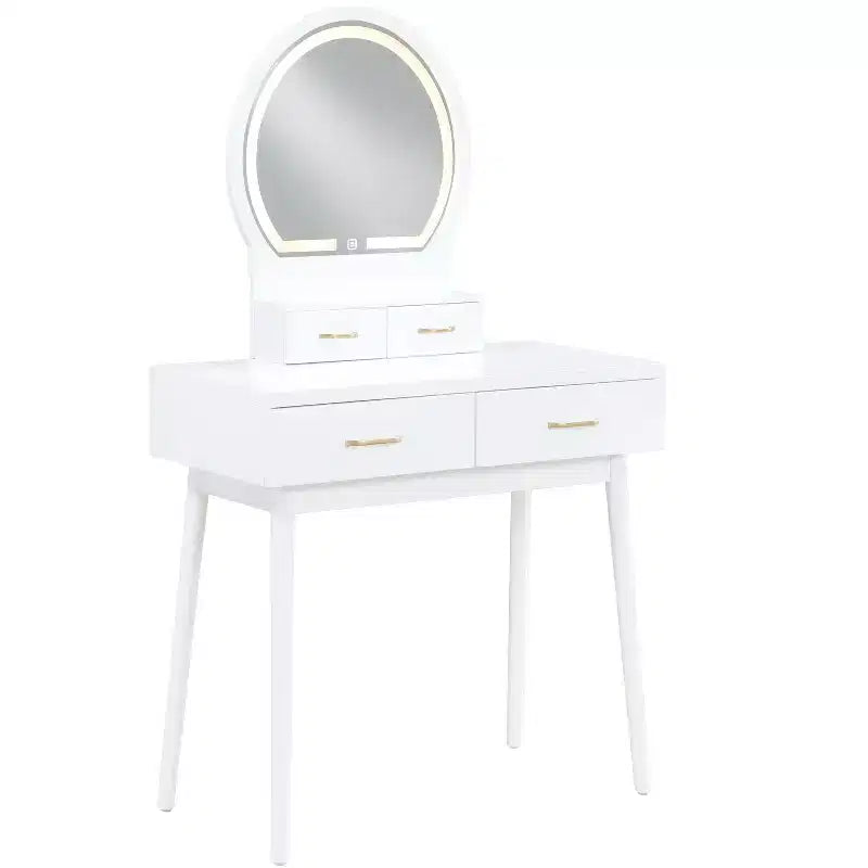 Makeup Vanity Desk with Round Mirror, 4 Drawers, and Padded Stool
