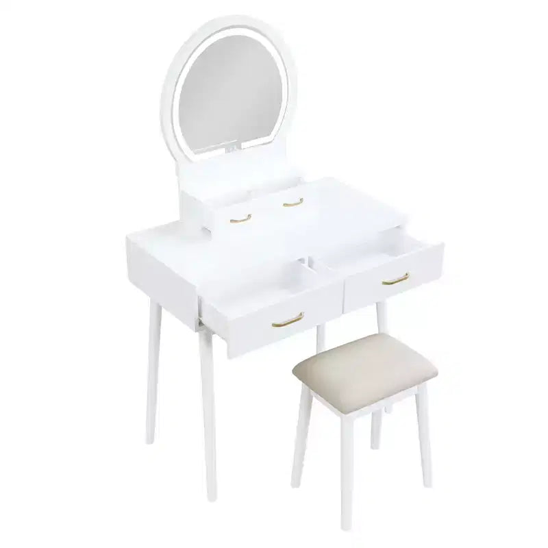 Makeup Vanity Desk with Round Mirror, 4 Drawers, and Padded Stool
