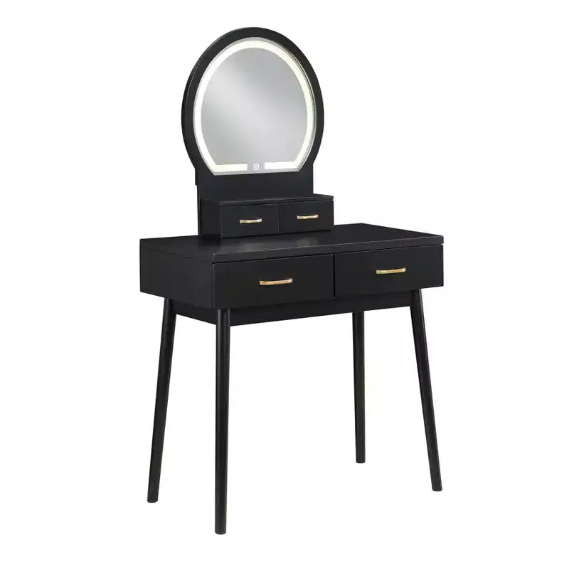 Makeup Vanity Desk with Round Mirror, 4 Drawers, and Padded Stool