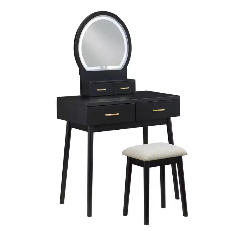 Makeup Vanity Desk with Round Mirror, 4 Drawers, and Padded Stool